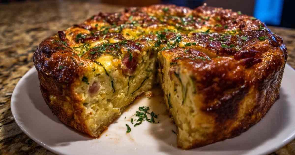 Ingrédients frais pour la recette du cake salé aux lardons et courgettes disposés sur une table.