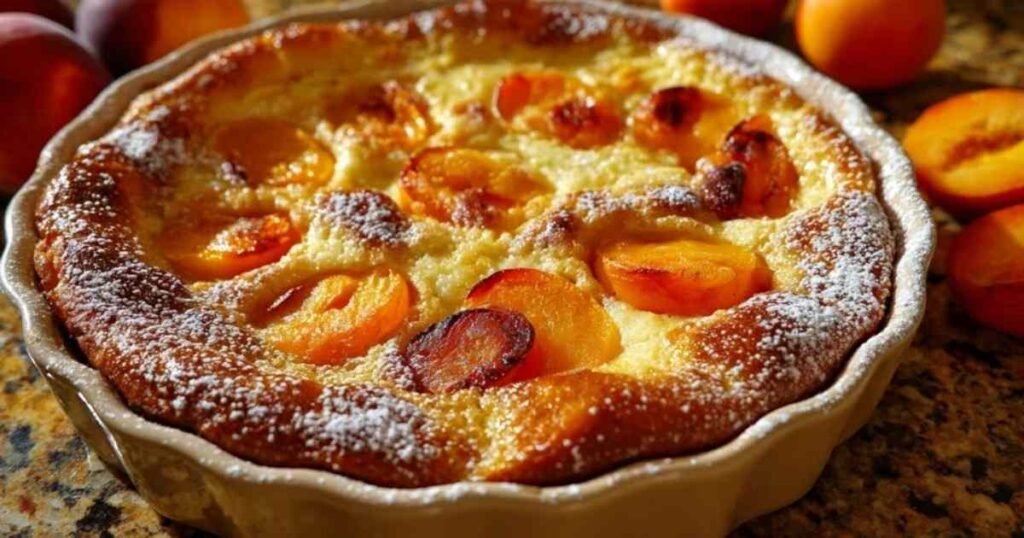 Le clafoutis abricots nectarines entier et doré dans un plat à gratin blanc, fraîchement sorti du four.