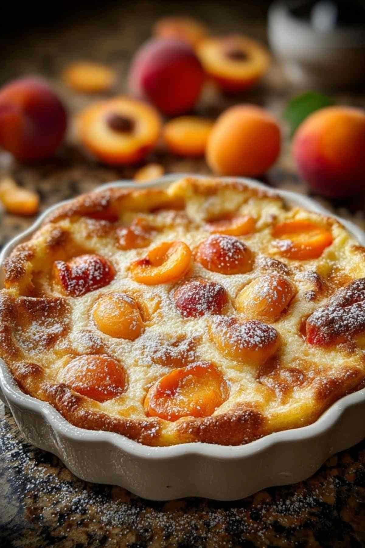Une part de clafoutis abricots nectarines servie dans une assiette blanche, montrant la texture fondante de l'appareil et les fruits cuits.