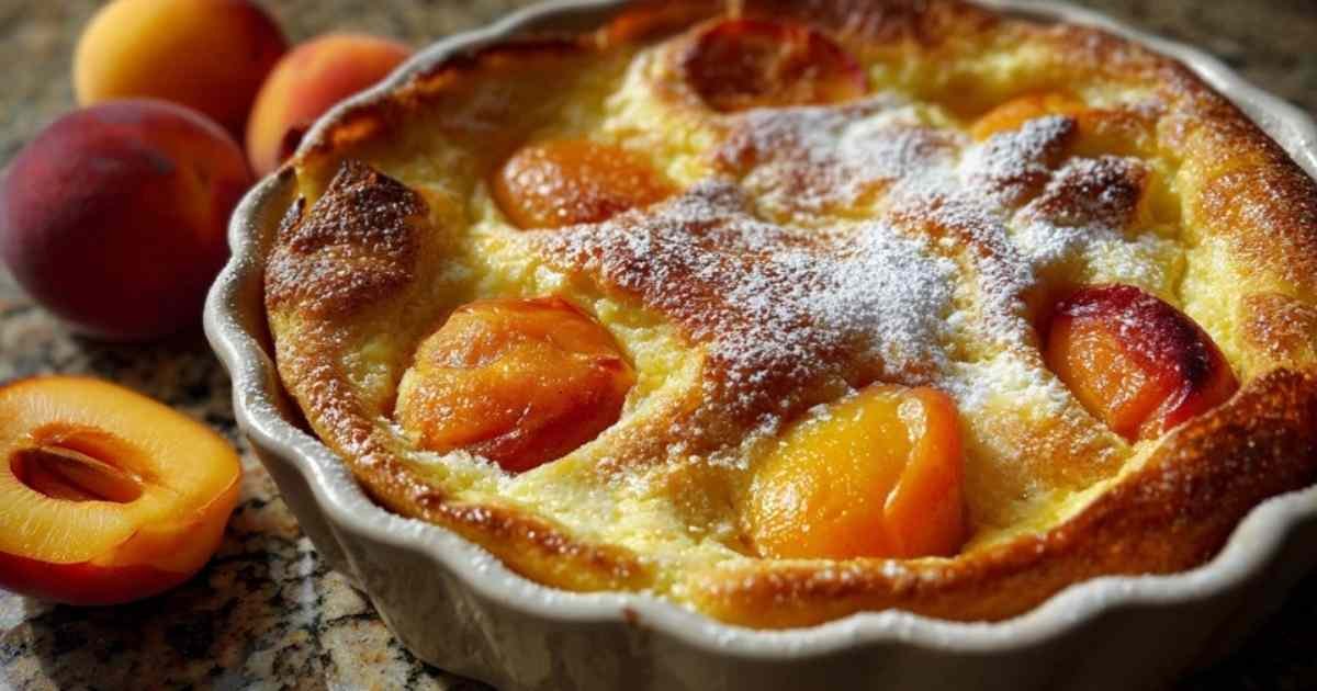 Les ingrédients frais pour la recette du clafoutis, incluant abricots, nectarines, œufs et farine, disposés sur une table.