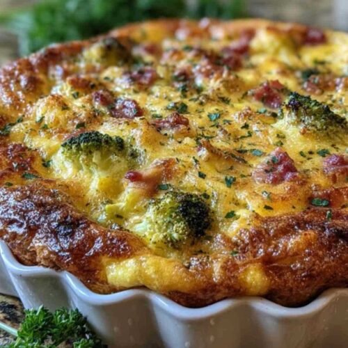 Clafoutis au brocoli et jambon dans un plat à gratin avant cuisson