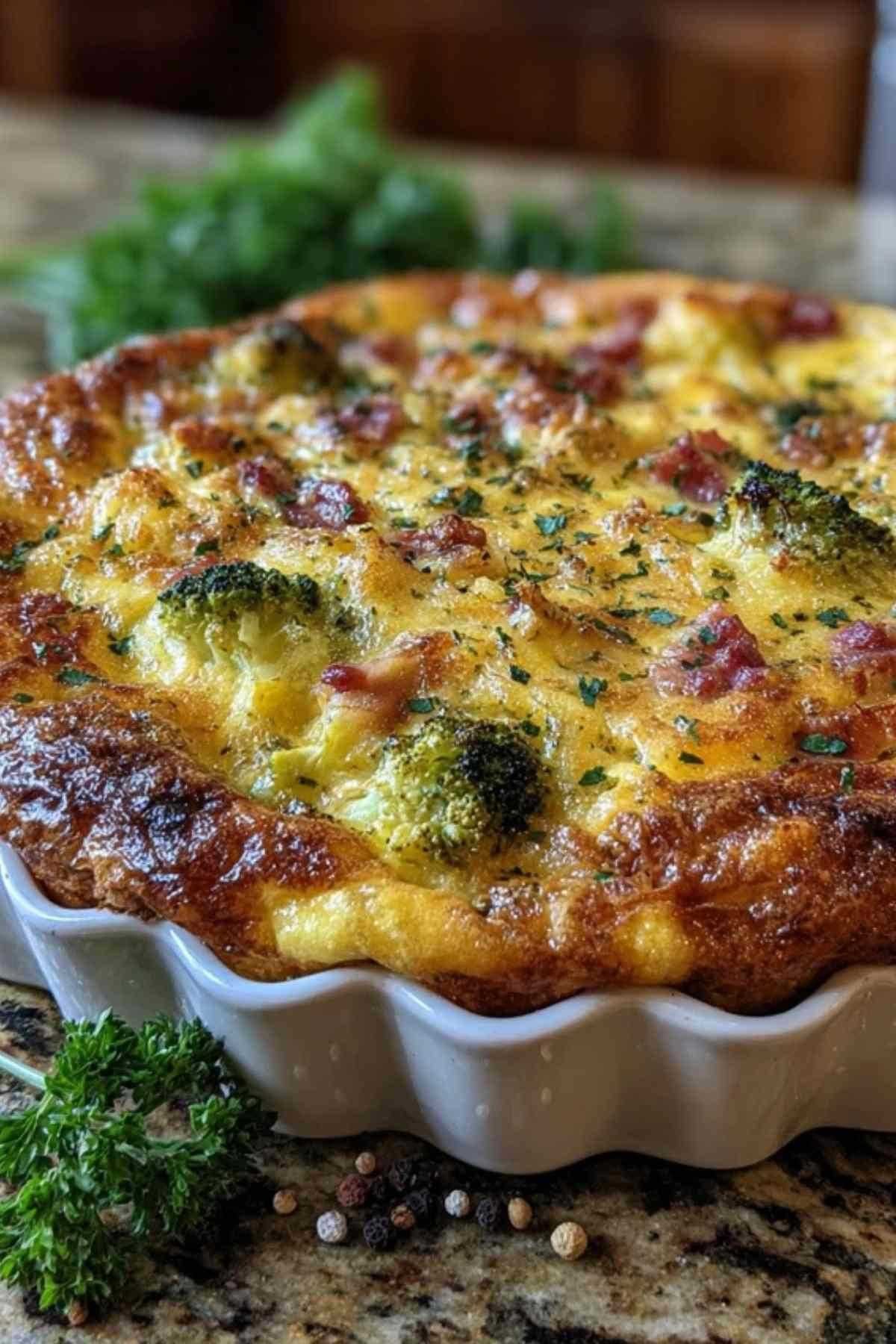 Clafoutis au brocoli et jambon dans un plat à gratin avant cuisson