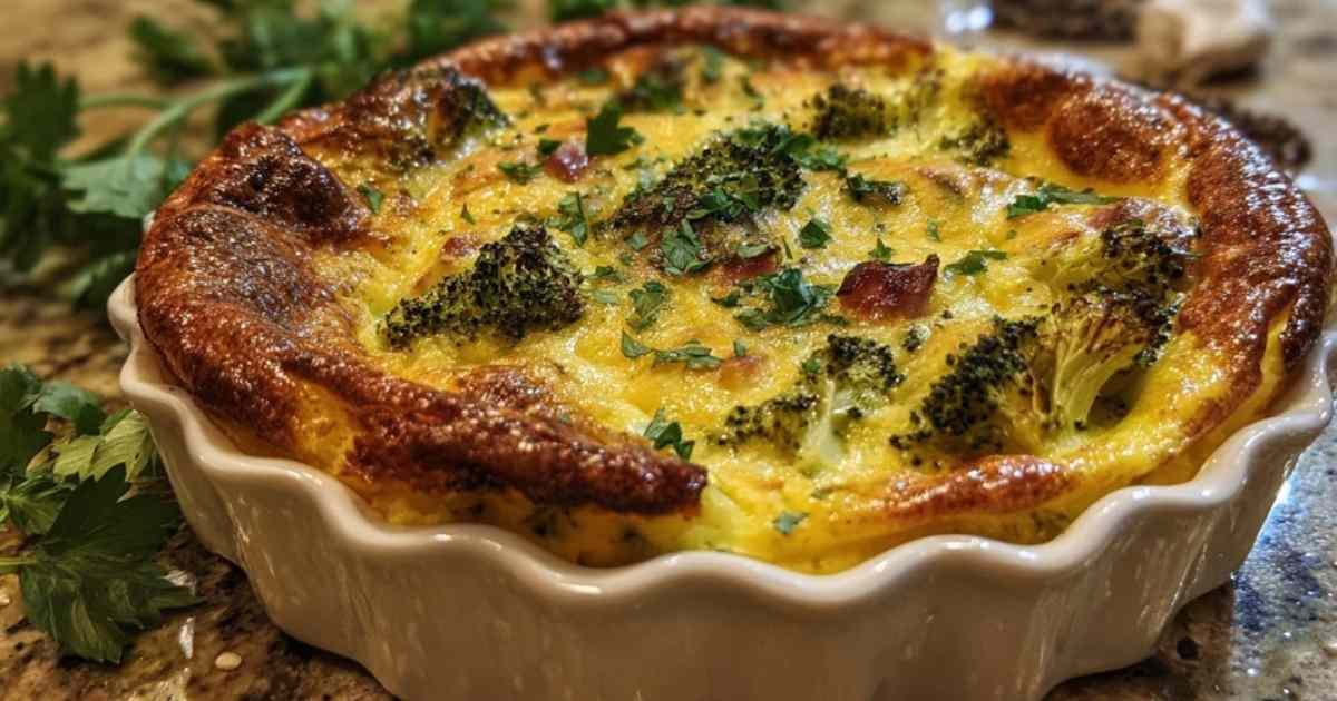 Part de clafoutis au brocoli et jambon servie dans une assiette