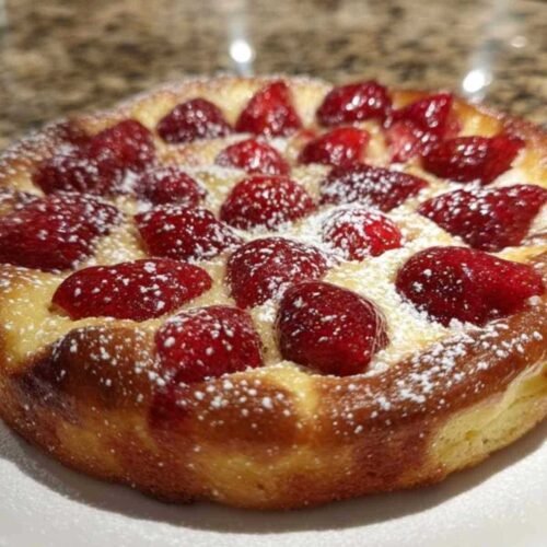 Une part de clafoutis aux fraises servie dans une assiette blanche, avec une texture fondante visible.