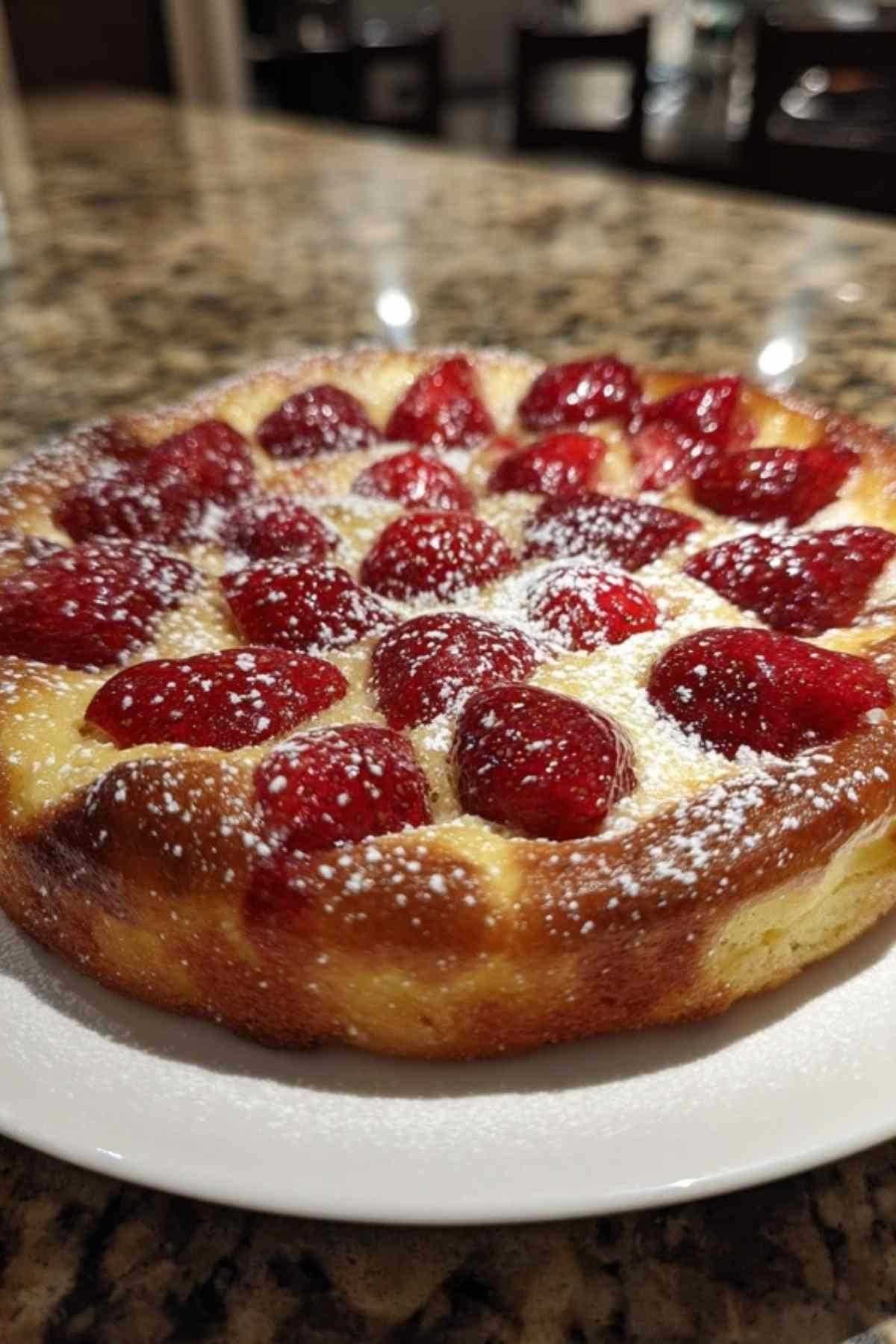 Une part de clafoutis aux fraises servie dans une assiette blanche, avec une texture fondante visible.