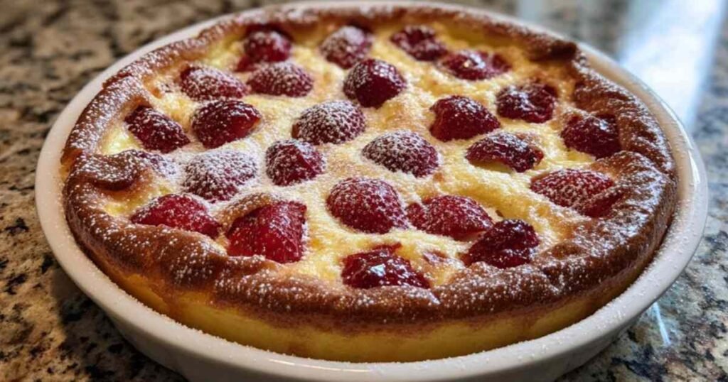 Le clafoutis aux fraises entier, doré et appétissant, sortant du four dans un plat à gratin blanc.