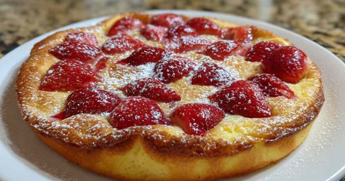 Des fraises fraîches coupées en deux et bien rangées au fond d'un plat à gratin beurré, avant la cuisson du clafoutis.