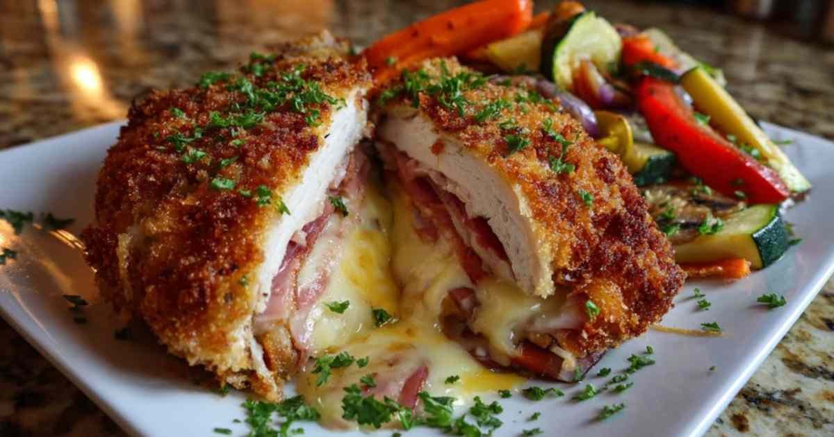 Cordon bleu de poulet coupé révélant le fromage fondu et le jambon