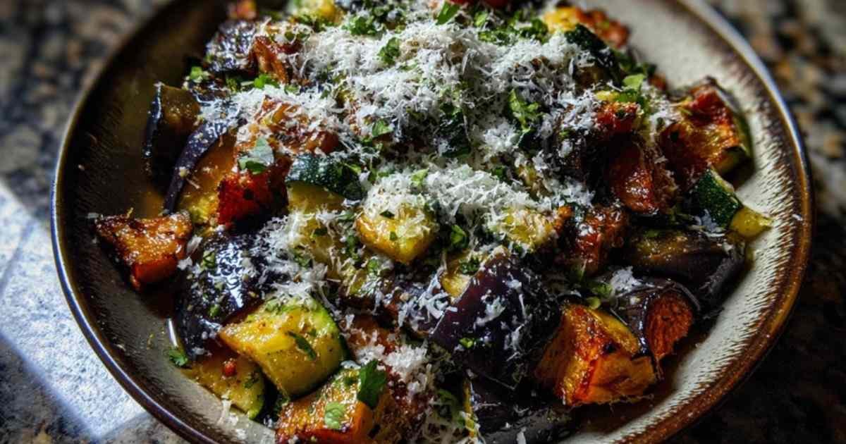 Courges et aubergines poêlées au parmesan dans une poêle rustique