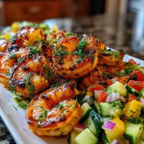 Des brochettes de crevettes grillées dorées servies sur une assiette blanche à côté d'un bol de relish de concombre fraîche.