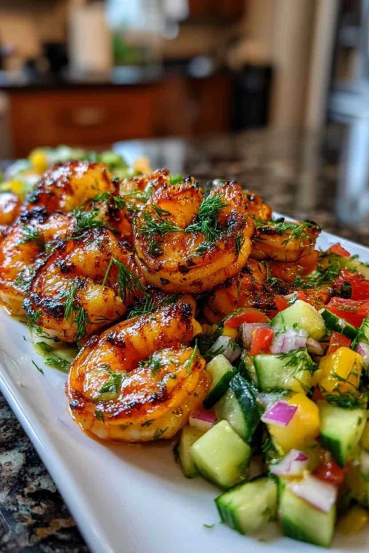 Des brochettes de crevettes grillées dorées servies sur une assiette blanche à côté d'un bol de relish de concombre fraîche.