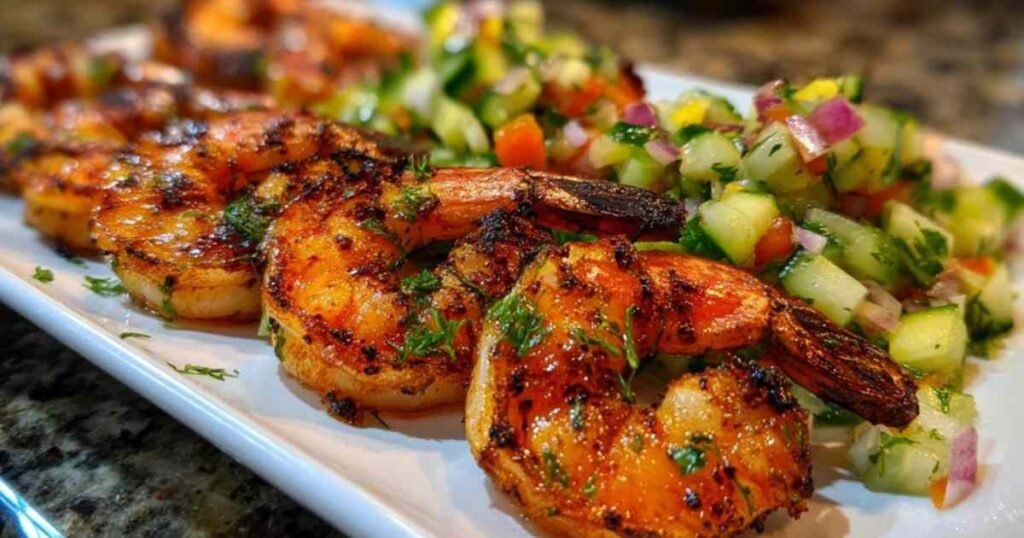 Crevettes crues dans un bol en verre, enrobées d'une marinade rouge-orangée à base de paprika et d'huile d'olive.