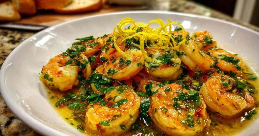 Assiette de crevettes sautées au citron et au persil, servies avec un quartier de citron.