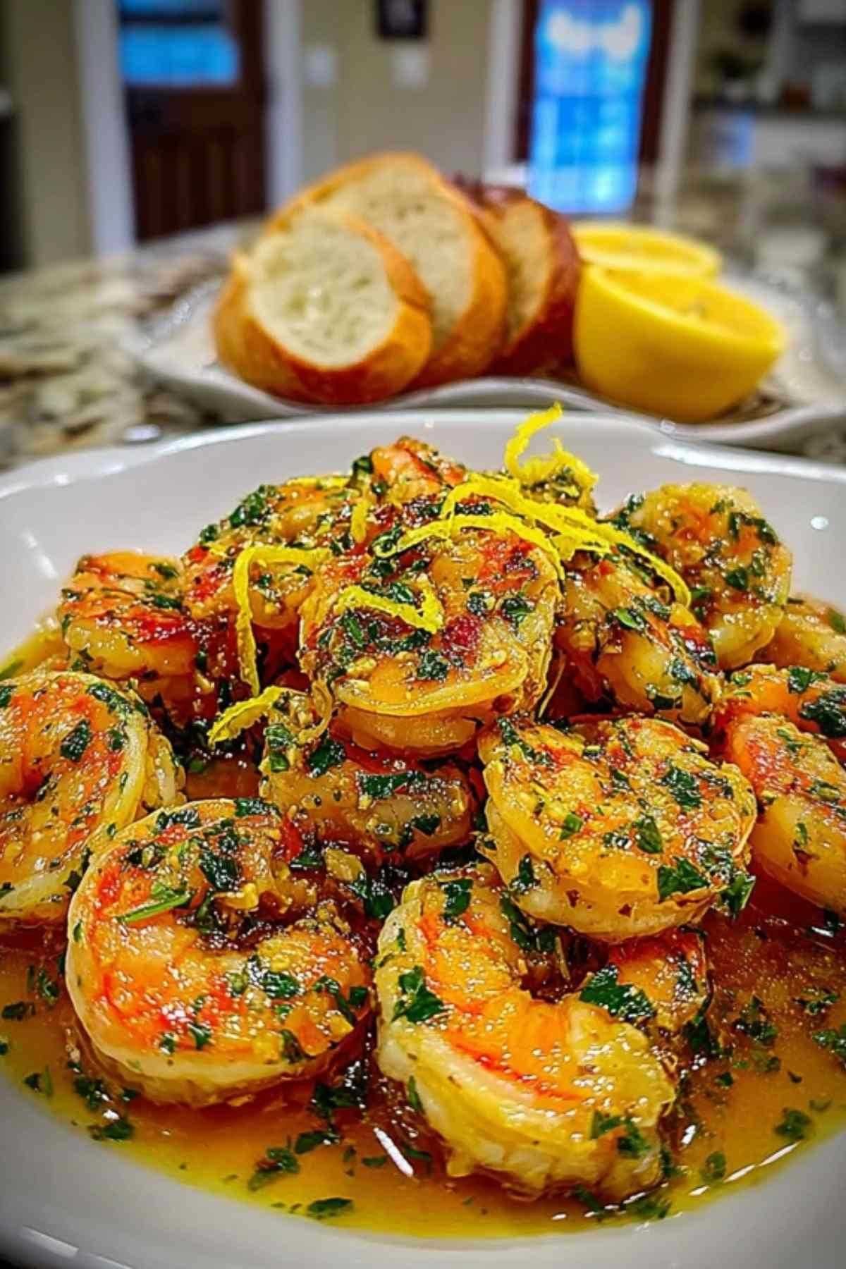 Ingrédients pour la recette des crevettes sautées : crevettes crues, citron, ail, persil et huile d'olive.