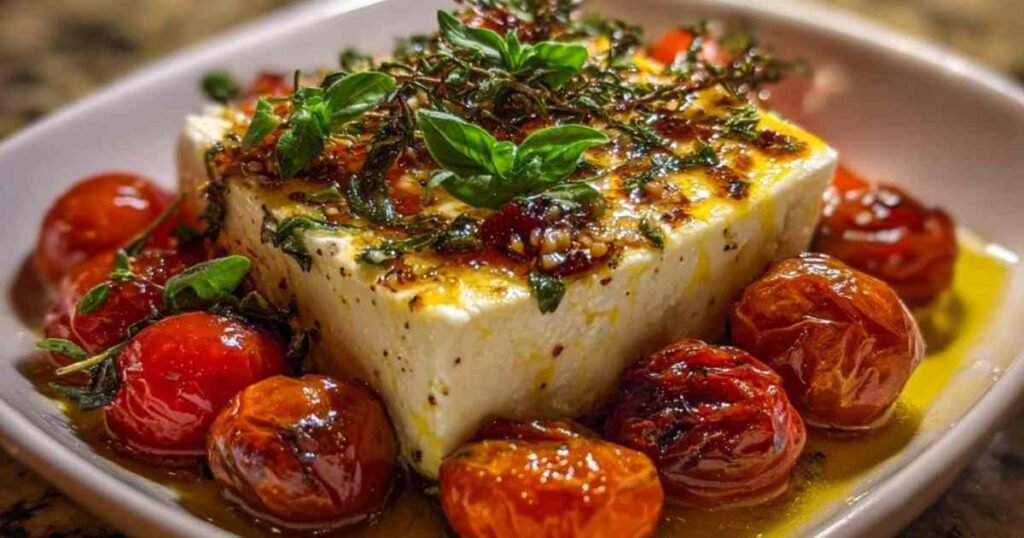 Feta rôtie aux tomates cerises dorée dans un plat en céramique blanc, garnie de basilic frais.