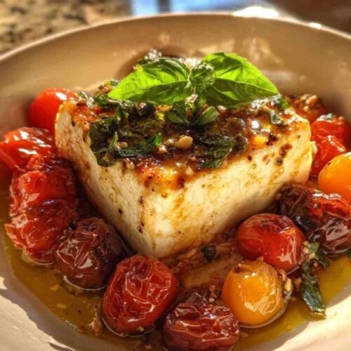Ingrédients de la feta rôtie aux tomates cerises disposés dans un plat avant d'aller au four.