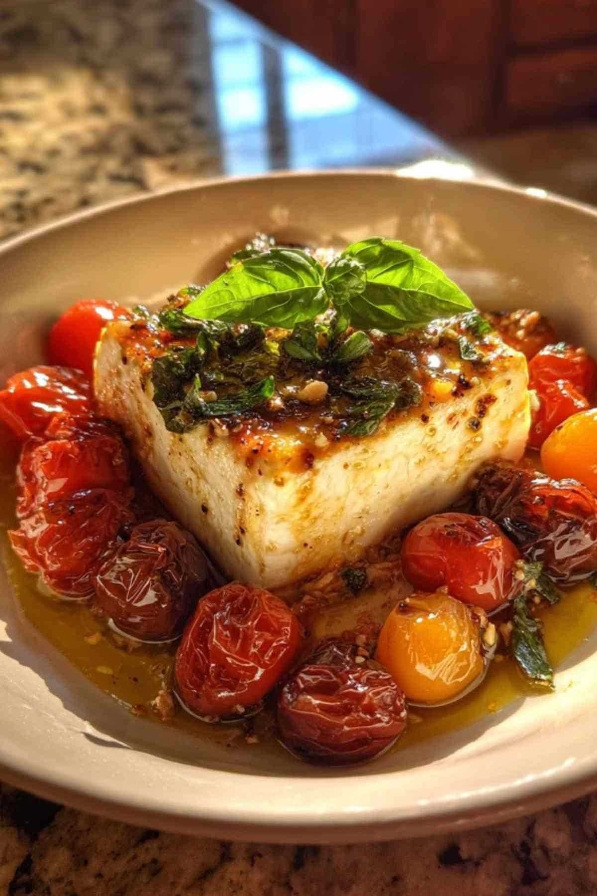 Ingrédients de la feta rôtie aux tomates cerises disposés dans un plat avant d'aller au four.