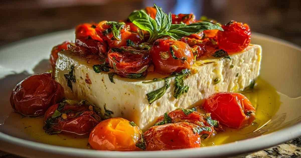 Assiette de pâtes fraîches mélangées avec la sauce à la feta rôtie et aux tomates cerises.