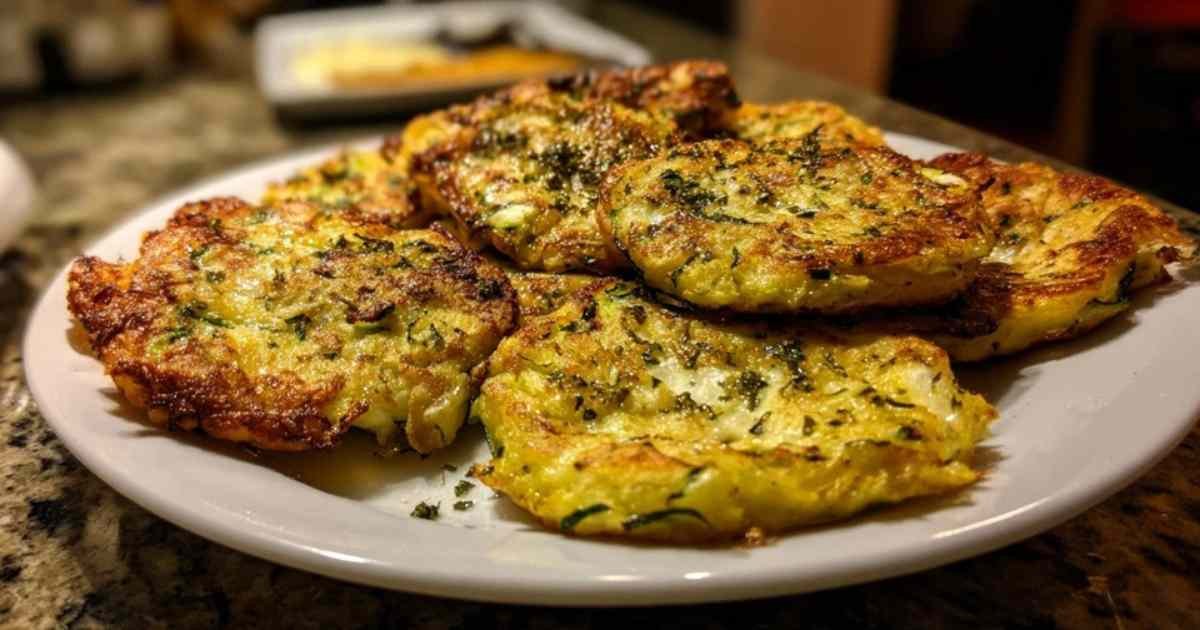 Galettes courgette feta servies avec salade sur assiette