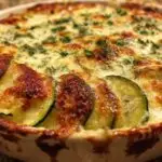 Gratin de courgettes au bleu d'auvergne doré et gratinéd dans un plat en céramique