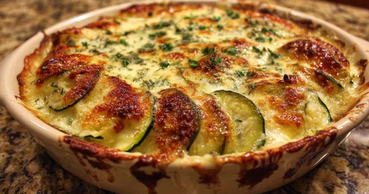 Gratin de courgettes au bleu d'auvergne doré et gratinéd dans un plat en céramique