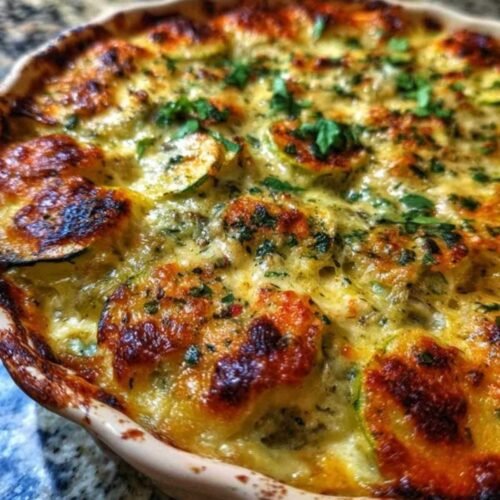 Ingrédients pour gratin courgettes bleu d'auvergne disposés sur plan de travail