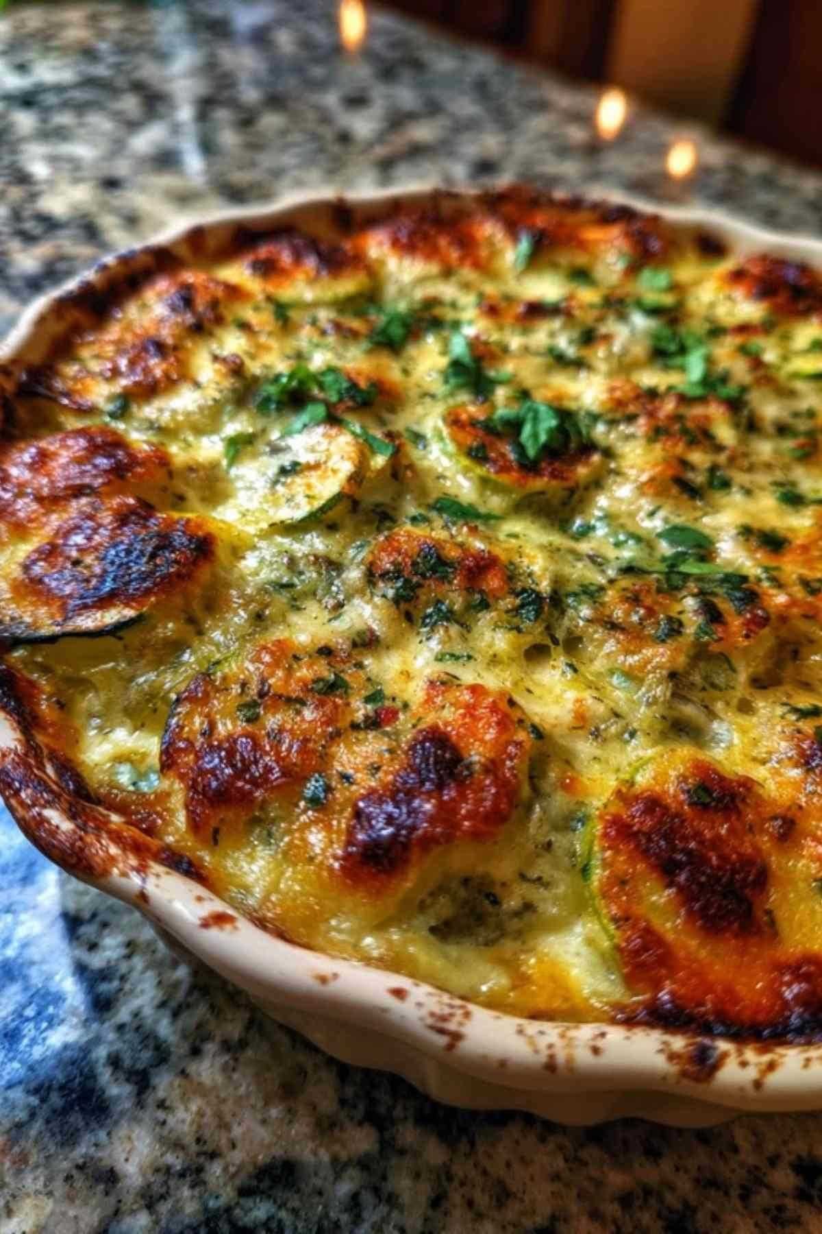 Ingrédients pour gratin courgettes bleu d'auvergne disposés sur plan de travail