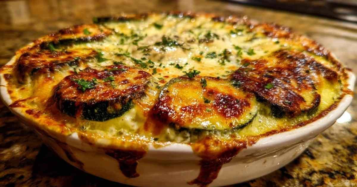 Portion de gratin de courgettes au bleu d'auvergne servie dans assiette avec salade