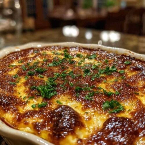 Gratin d'œufs au fromage doré et bouillonnant dans son plat en céramique.