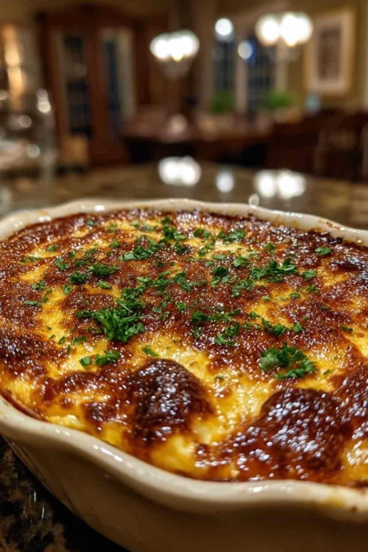 Gratin d'œufs au fromage doré et bouillonnant dans son plat en céramique.