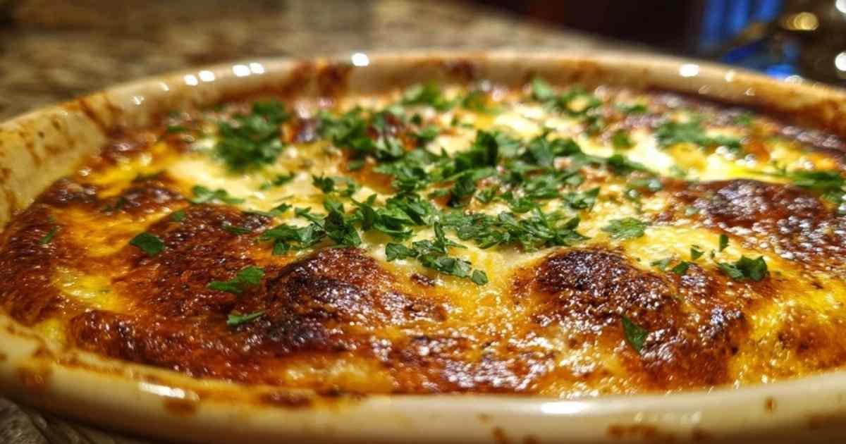 Une part de gratin d'œufs au fromage servie dans une assiette avec une garniture de persil et une salade.