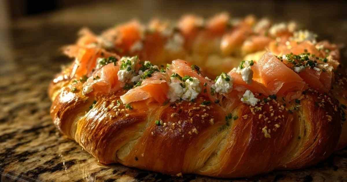 Kringle au saumon fumé et fromage frais, une couronne tressée dorée, servi sur une planche en bois avec de la ciboule ciselée.