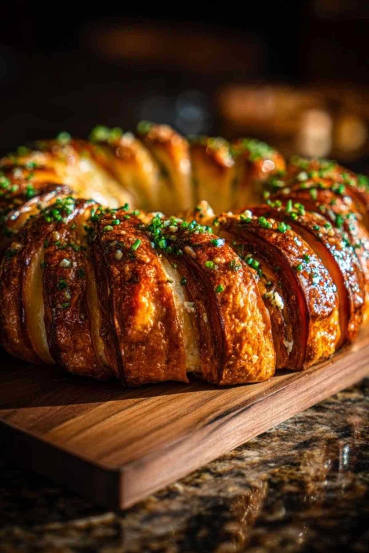 Gros plan sur une part de kringle au saumon, montrant les couches de pâte, le fromage frais fondant et le saumon fumé.