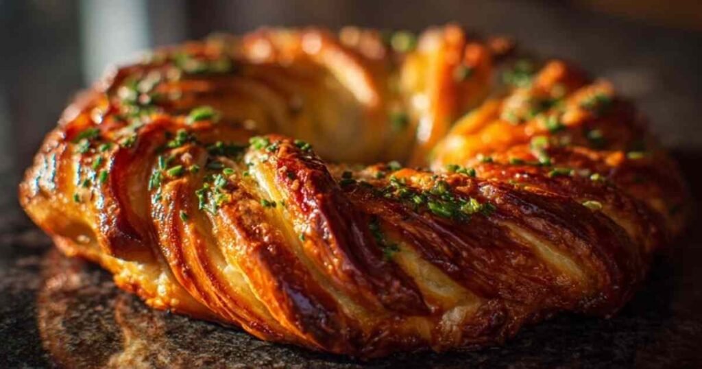 Les deux boudins de pâte garnis de saumon sont en train d'être tressés sur un plan de travail avant de former la couronne du kringle.