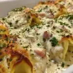 Plat à gratin de lasagnes roulées au jambon et champignons, doré et bouillonnant, saupoudré de persil frais.