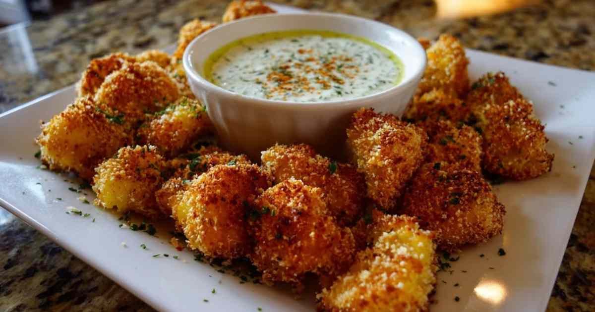 Nuggets de chou-fleur dorés servis dans un plat avec un bol de sauce barbecue et un bol de sauce blanche au persil.
