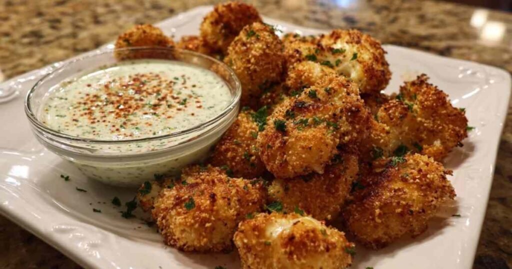 Nuggets de chou-fleur crus et panés, bien alignés sur une plaque de cuisson recouverte de papier sulfurisé, prêts à être enfournés.
