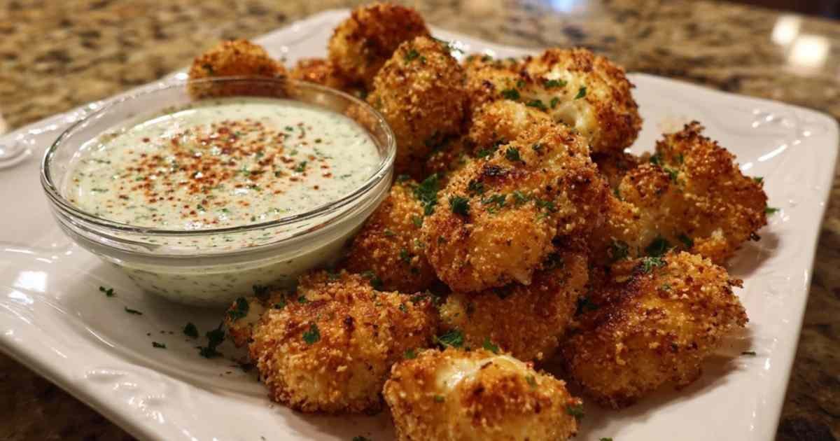 Nuggets de chou-fleur crus et panés, bien alignés sur une plaque de cuisson recouverte de papier sulfurisé, prêts à être enfournés.