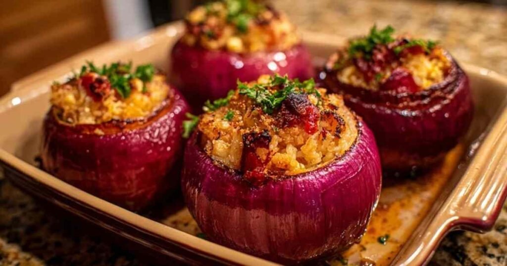 Deux oignons rouges farcis au boulgour et à la feta, dorés et servis dans une assiette blanche, garnis de persil frais.