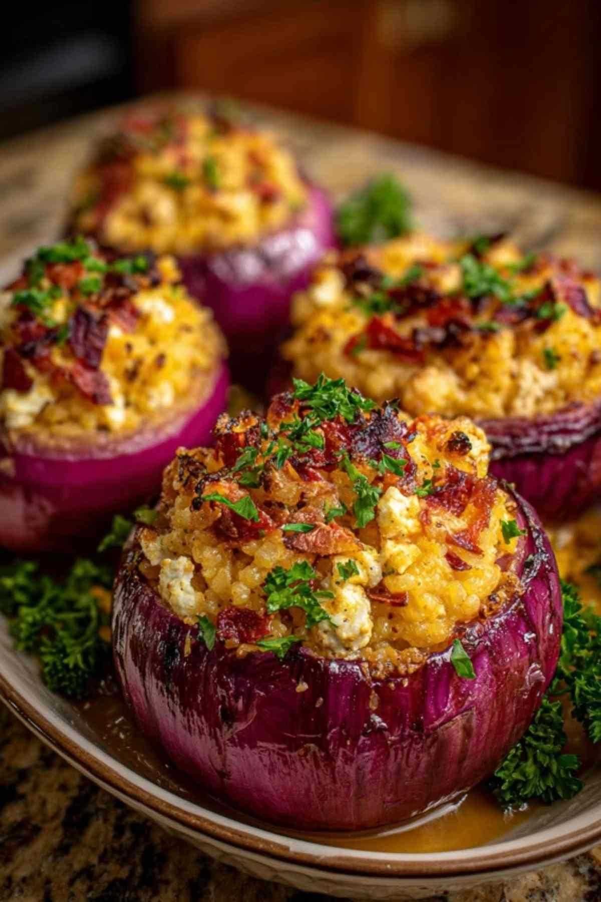 Des oignons rouges crus et évidés dans un plat de cuisson, en train d'être garnis avec la farce de boulgour, tomate et feta.