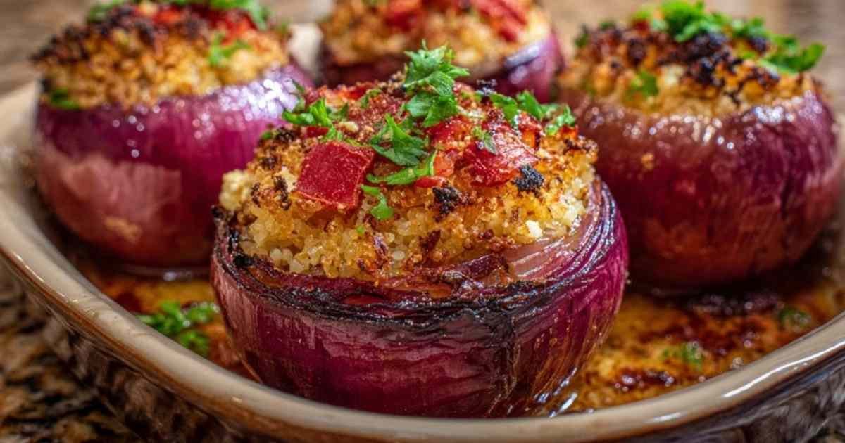 Ingrédients pour la recette des oignons farcis : oignons rouges, bol de boulgour, feta, tomate, huile d'olive et herbes.