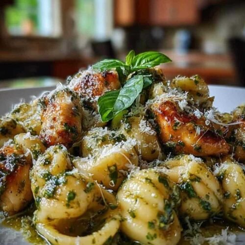 Plat de pâtes au poulet et pesto crémeux dans une assiette blanche, garni de feuilles de basilic frais et de parmesan.