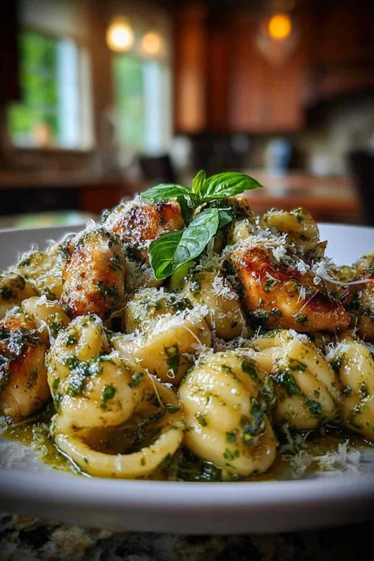 Plat de pâtes au poulet et pesto crémeux dans une assiette blanche, garni de feuilles de basilic frais et de parmesan.