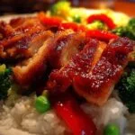 Poulet asiatique aux légumes croquants servi avec du riz dans une assiette blanche