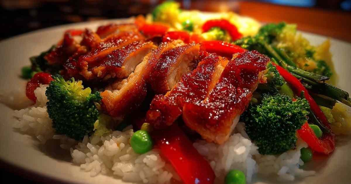 Poulet asiatique aux légumes croquants servi avec du riz dans une assiette blanche