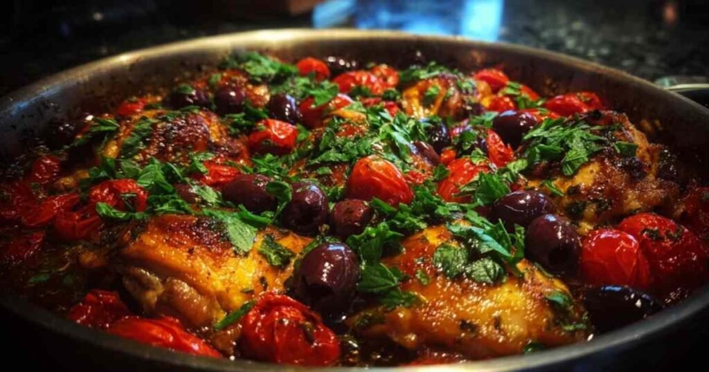 Plat de poulet provençal servi dans une cocotte en fonte, avec des morceaux de poulet, des tomates et des olives noires.