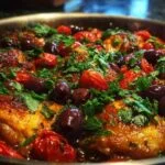Plat de poulet provençal servi dans une cocotte en fonte, avec des morceaux de poulet, des tomates et des olives noires.