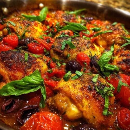 Ingrédients frais pour la recette de poulet provençal : morceaux de poulet cru, tomates, ail, oignon, olives et herbes.