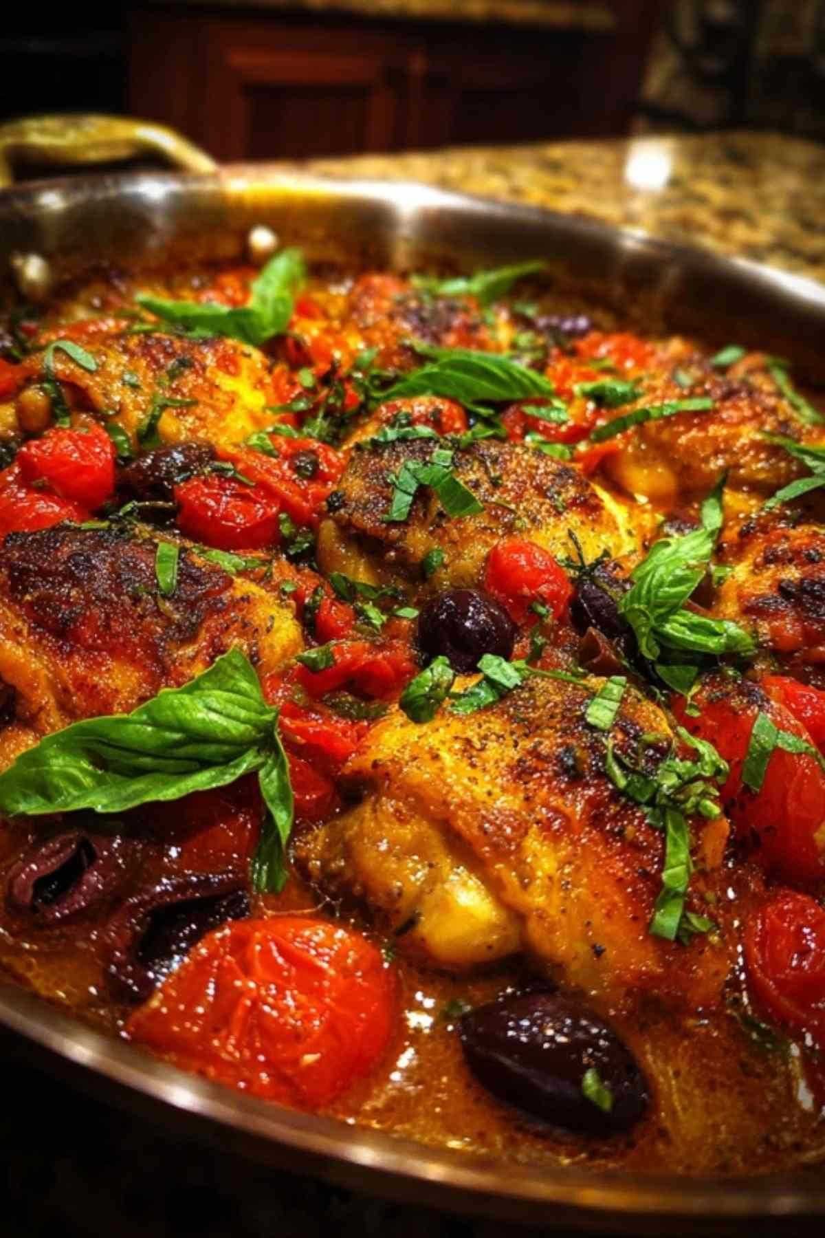 Ingrédients frais pour la recette de poulet provençal : morceaux de poulet cru, tomates, ail, oignon, olives et herbes.