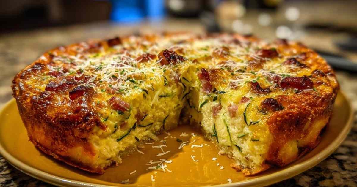 Part de quiche sans pâte à la courgette servie avec une salade